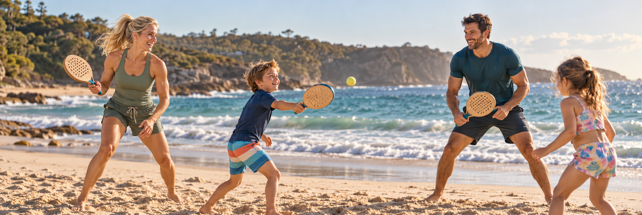 Fit parents playing paddle ball on an Australian beach with their two children